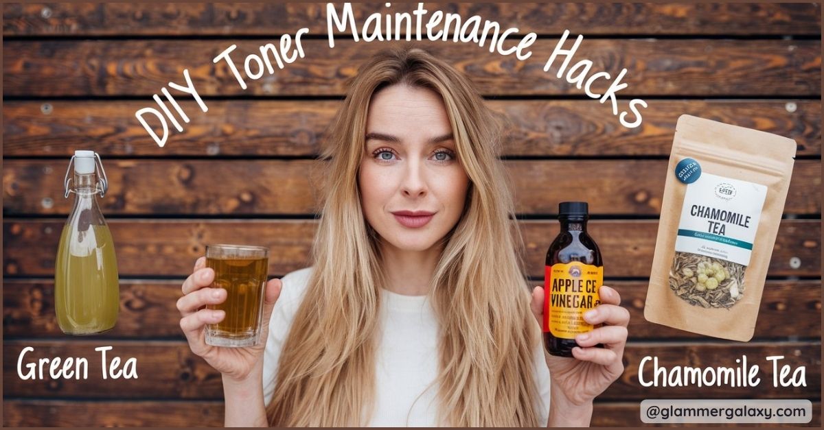 Person holding green tea, apple cider vinegar, chamomile tea against wooden backdrop with DIY Toner Maintenance Hacks text.