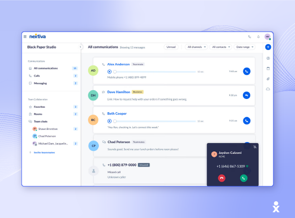 A screenshot shows Nextiva’s business communication software.