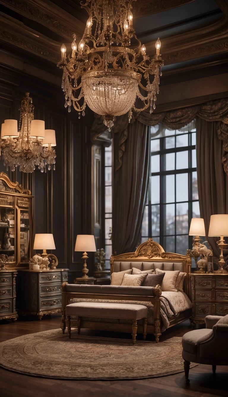 The Victorian Dollhouse 23 luxury kids bedroom at Restoration Hardware features ornate furniture, elegant wallpaper, and a grand chandelier