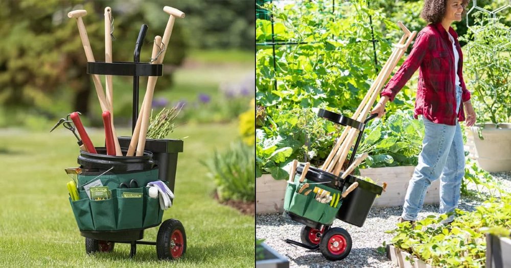 A bucket turned into a mobile storage with a lady moving it. It has garden tools inside and also have a tool organizer around it.  It is one of the 7 garden storage hacks every gardener should know.
