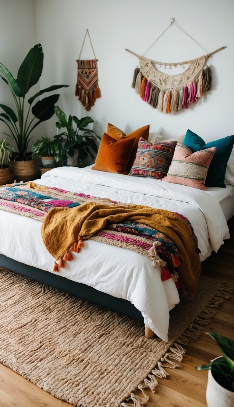 A cozy boho bedroom with a natural fiber area rug, layered with colorful textiles and surrounded by plants and eclectic decor