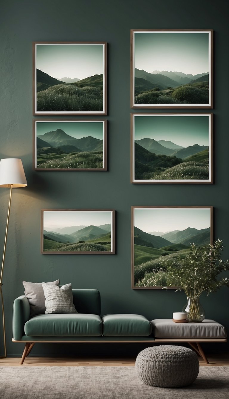 Sage green picture frames hang on a bedroom wall, complementing the serene ambiance of the room