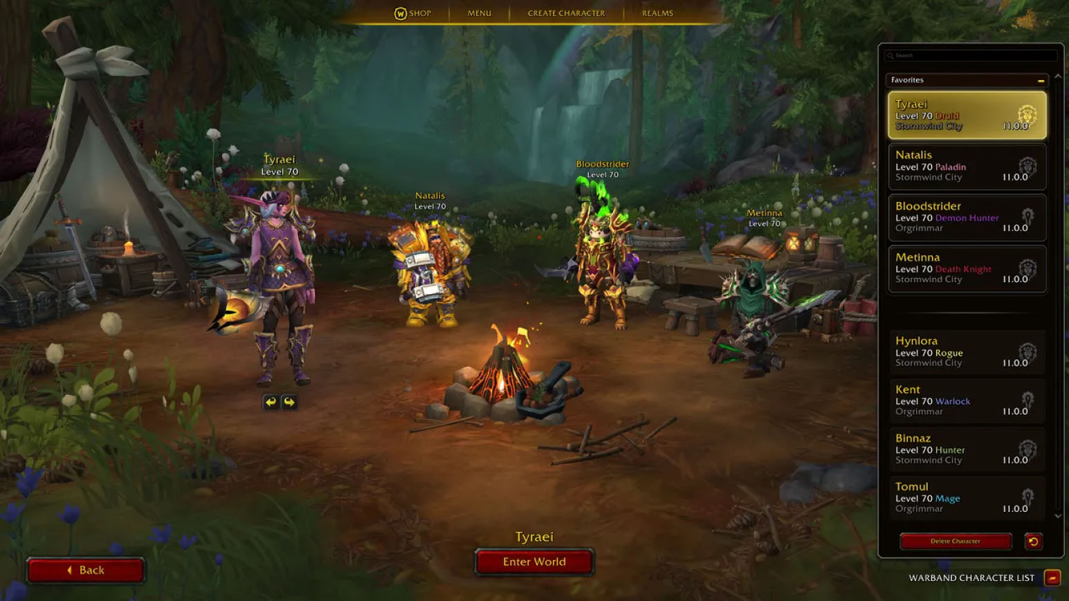 Screenshot of the character selection screen in World of Warcraft