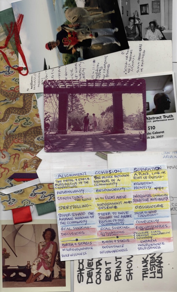 Image: Multimedia collage of photos, fabrics, and journal pages. Top center: Great-grandmother Patricia Walton. Top Right: Great-grandmother Evelyn Cottman and friend. Middle: William, Beverly, and Kenna Cottman; Bottom Left: Great-grandmother Patricia Walton; Bottom Right: notes from William; Bordered by bookmarks made by Beverly.