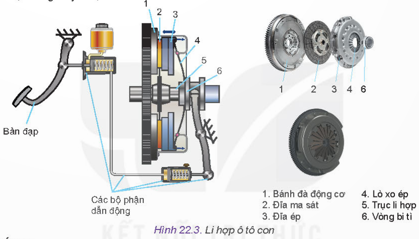 BÀI 22 - HỆ THỐNG TRUYỀN LỰCMỞ ĐẦUCH1: Em hãy quan sát Hình 22.1 và cho biết mô men chủ động từ động cơ có thể được truyền đến những bánh xe nào? Đáp án chuẩn:Mô men chủ động từ động cơ có thể truyền đến những bánh xe chủ động.I. CẤU TẠO HỆ THỐNG TRUYỀN LỰCCH1: Hãy quan sát Hình 22.2 và cho biết mômen chủ động từ động cơ được truyền đến các bánh xe sau thông qua những bộ phận nào. Tác động vào bộ phận nào để có thể ngắt mô men chủ động truyền đến bánh xe đó?Đáp án chuẩn:Thông qua: li hợp, hộp số, trục các đăng, truyền lực chính và bộ vi sai, bán trục. Tác động vào li hợp để ngắt mô men chủ động truyền đến bánh xe đó.CH2: Hãy đọc mục 1, quan sát Hình 22.3 và cho biết:Nhiệm vụ và các bộ phận chính của li hợp ô tô.Nguyên lí nào được sử dụng để nối và ngắt động cơ với hộp số?Hình dạng và vai trò của lò xo ép.Đáp án chuẩn:Nhiệm vụ: giúp xe khởi động nhẹ nhàng.Bộ phận chính: trục khuỷu, bánh đà, đĩa li hợp, vỏ li hợp, bạc đạn nhả, càng nhả li hợpNguyên lí: Khi ly hợp hoạt động, động cơ sẽ kết nối với hộp số, công suất truyền từ động cơ đến bánh sau. Khi ly hợp ngắt, động cơ ngắt khỏi hộp số. Lò xo ép có dạng xoắn thẳng, dùng để ép đĩa ma sát vào với bánh đà.CH3: Hãy kể tên các chi tiết chính của li hợp. Chi tiết nào trực tiếp chịu lực ma sát?Đáp án chuẩn:Chi tiết chính: đĩa ma sát, đĩa ép, lò xo ép, trục li hợpĐĩa ma sát chịu lực ma sát.CH4: Hãy cho biết:Nhiệm vụ, cấu tạo và nguyên lí hoạt động của hộp số thường.Hộp số tự động có đặc điểm gì giống và khác hộp số điều khiển cưỡng bức.Đáp án chuẩn:Hộp số thường:Nhiệm vụ: Nối hoặc ngắt dòng truyền mô men chủ động, thay đổi tỉ số truyền, đổi chiều mô men.Cấu tạo: trục sơ cấp, bánh răng trên trục sơ cấp, trục trung gian, bánh răng trên trục trung gian, bánh răng trung gian số lùi, trục thứ cấp, bánh răng trên trục thứ cấp, bánh răng số lùi, ần sốNguyên lí: Khi động cơ đang hoạt động, li hợp mở → dịch chuyển cần số để nối trục thứ cấp với bánh răng, mô men chủ động truyền đến trục thứ cấp. Khi dịch chuyển cần số đến vị trí lùi, bánh răng trung gian số lùi ăn khớp với bánh răng, trục thứ cấp quay ngược chiều với trục sơ cấp.Hộp số tự động so với hộp số thường cùng có cần số, nhưng việc chuyển số do bộ điều khiển điện tử quyết định.CH5: Hãy quan sát Hình 22.4 và so sánh tỉ số truyền của hộp số ở hai vị trí: khi bánh răng (7) ở bên trái và khi bánh răng (7) ở giữa được nối với trục thứ cấp.Đáp án chuẩn:Tỉ số truyền là khác nhau,CH6: Hãy đọc mục 3 và cho biết chức năng của truyền lực chính và bộ vi sai. Hãy quan sát Hình 22.6 và cho biết các chi tiết chính của truyền lực chính và bộ vi saiĐáp án chuẩn:Truyền lực chính: tiếp nhận và biến đổi độ lớn, đổi phương quay mô men.Bộ vi sai: phân chia mô men chủ động đến các bánh xe chủ động.Các chi tiết chính: bánh răng chủ động, bánh răng bị động, bánh răng bán trục, bánh răng hành tinh, bán trụcCH7: Quan sát Hình 22.6 và cho biết chi tiết nào quyết định tỉ số truyền của truyền lực chính.Đáp án chuẩn:Chi tiết quyết định: bánh răng chủ động và bánh răng bị động.II. SỬ DỤNG VÀ BẢO DƯỠNG