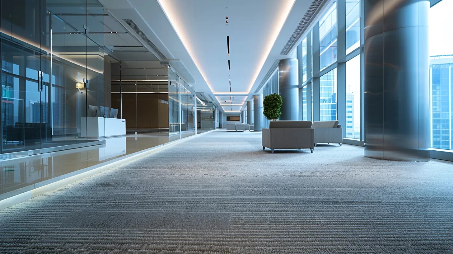 a sleek, modern office space gleams under bright, artificial lighting, showcasing freshly cleaned carpets and immaculate surfaces, symbolizing the efficiency and professionalism of deep cleaning services that allow business owners to focus on growth and family time.