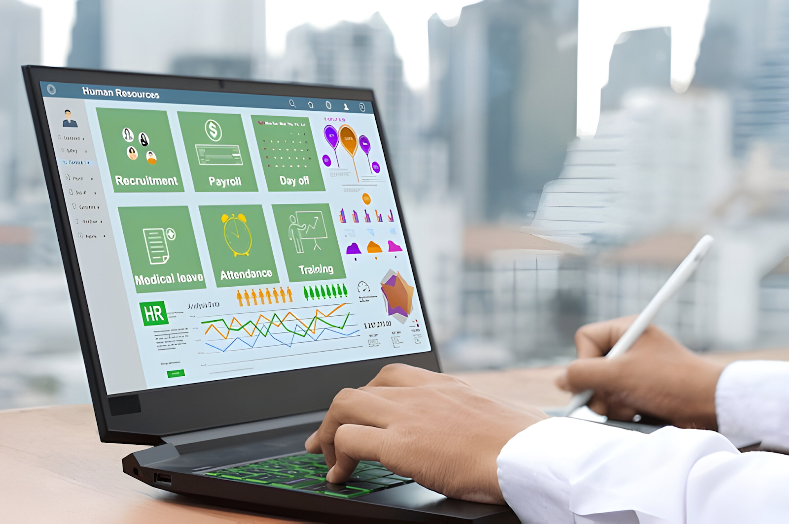 A person using a laptop displaying a human resources dashboard with payroll, recruitment, attendance, and other HR-related functions, illustrating the utilization of payroll software in payroll processing.