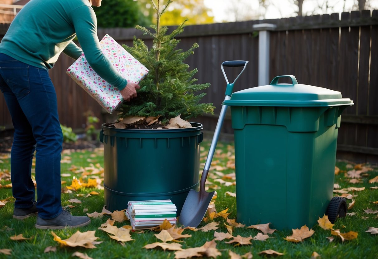 A person places Christmas tree branches and wrapping paper into a compost bin in a backyard garden. Fallen leaves cover the ground, and a shovel leans against the bin