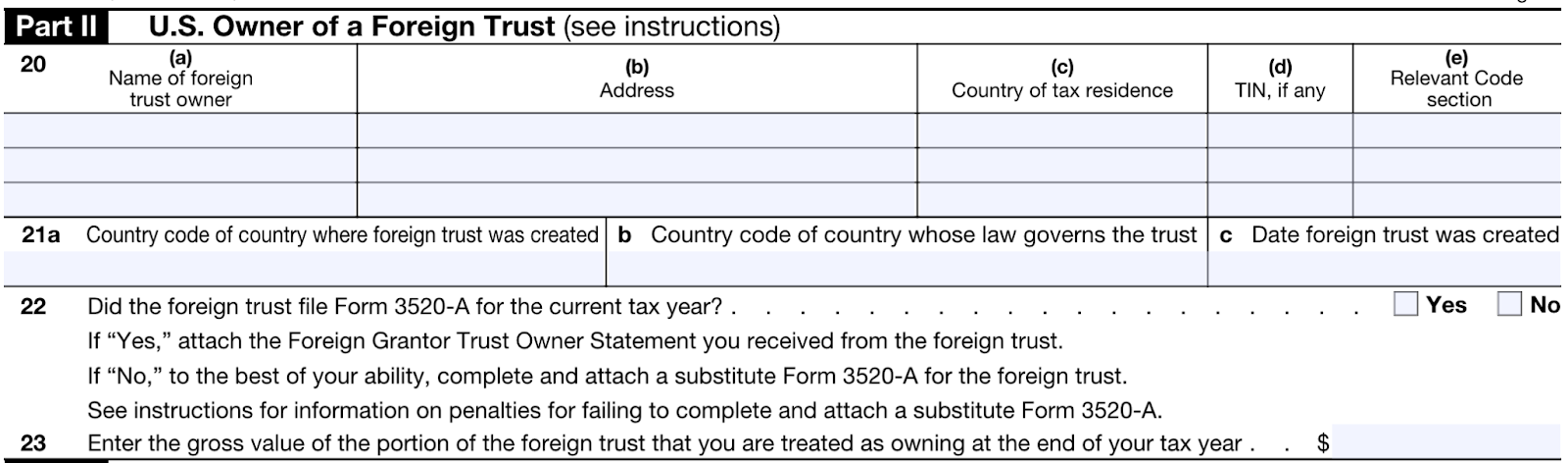 Screenshot of Part II: US Owner of a Foreign Trust of Form 3520.