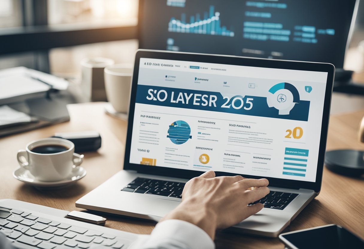 A law firm's logo displayed prominently on a website, surrounded by various legal-themed graphics and icons, with a blog post titled "SEO Strategies for Lawyers in 2025" featured prominently