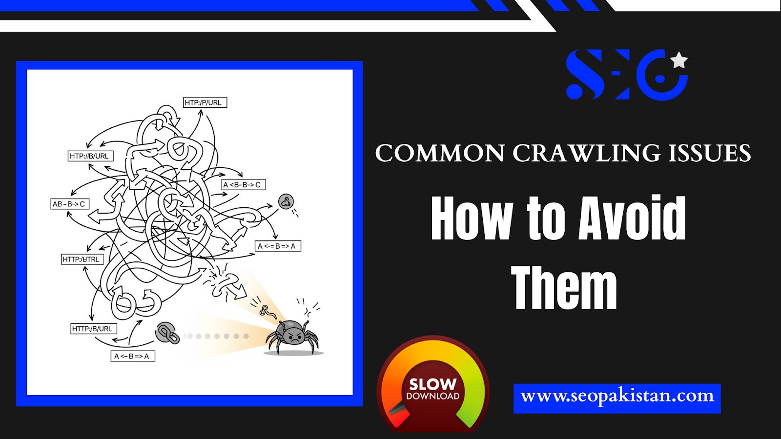 Image depicting common SEO crawling issues like redirect chains and loops, where a web crawler gets entangled in inefficient URL paths, highlighting the need to optimize crawl budget for better search engine visibility. Includes SEO Pakistan branding