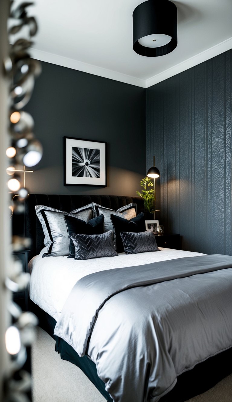 A sleek bedroom with charcoal and silver wallpaper, featuring black and gray decor accents throughout