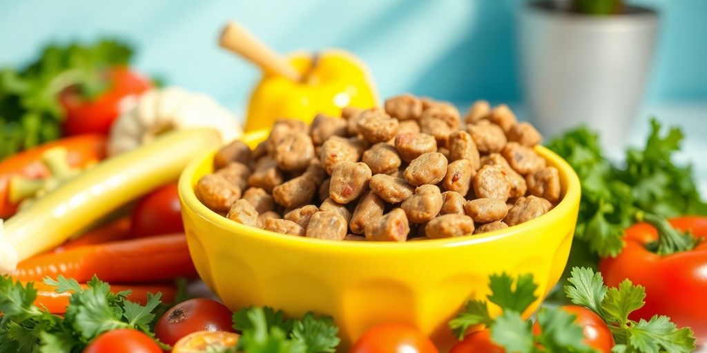 Bowl of fresh dog food with colorful ingredients.