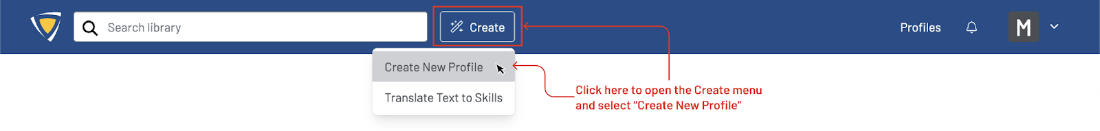 Screenshot of top navigation bar with a red box showing where to click to create a new profile from scratch.