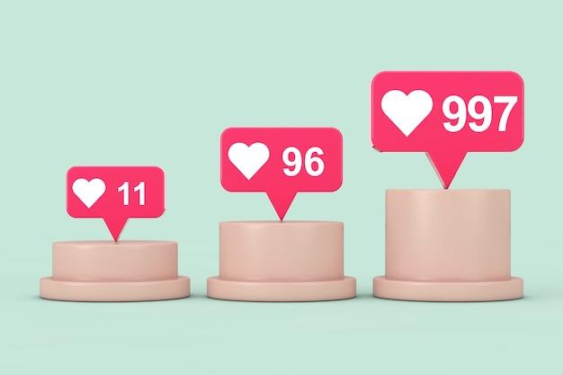 Social Media Network Love and Like Heart Icons on Top of Pedestal, Stage, Podium or Column on a green background. 3d Rendering