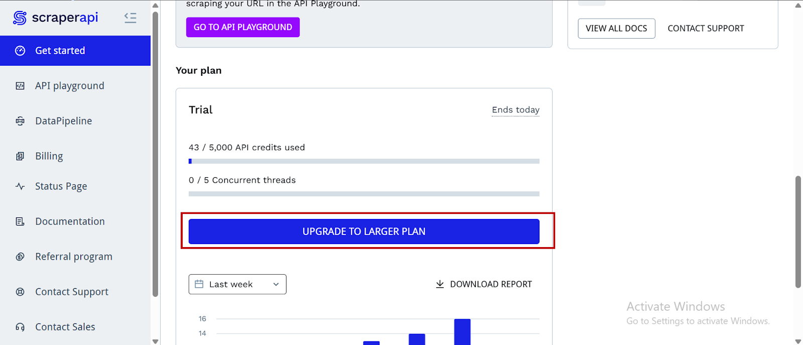 Upgrade to Larger Plan button in ScraperAPI dashboard