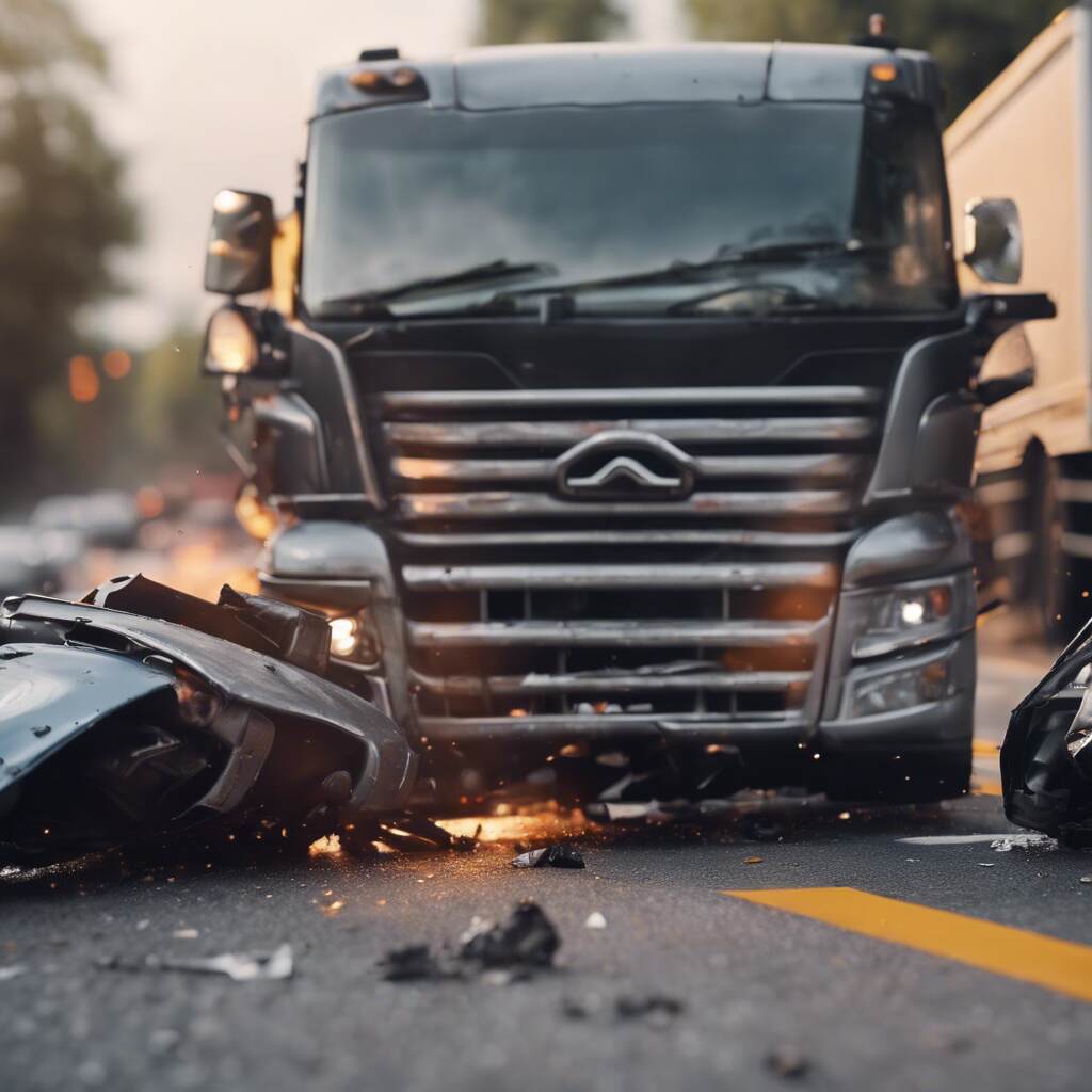 Truck accident scene involving smaller vehicles. 