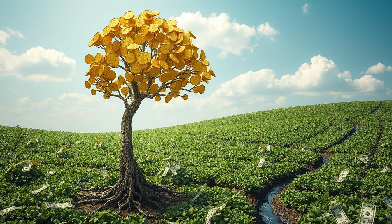 A tree with branches made of gold coins, growing in a field of green bills with roots deep in the ground. The tree is tall and its leaves are shining bright, with a small stream flowing by its side. The sky is clear with a few fluffy clouds, and there's a sense of calm and abundance in the air.