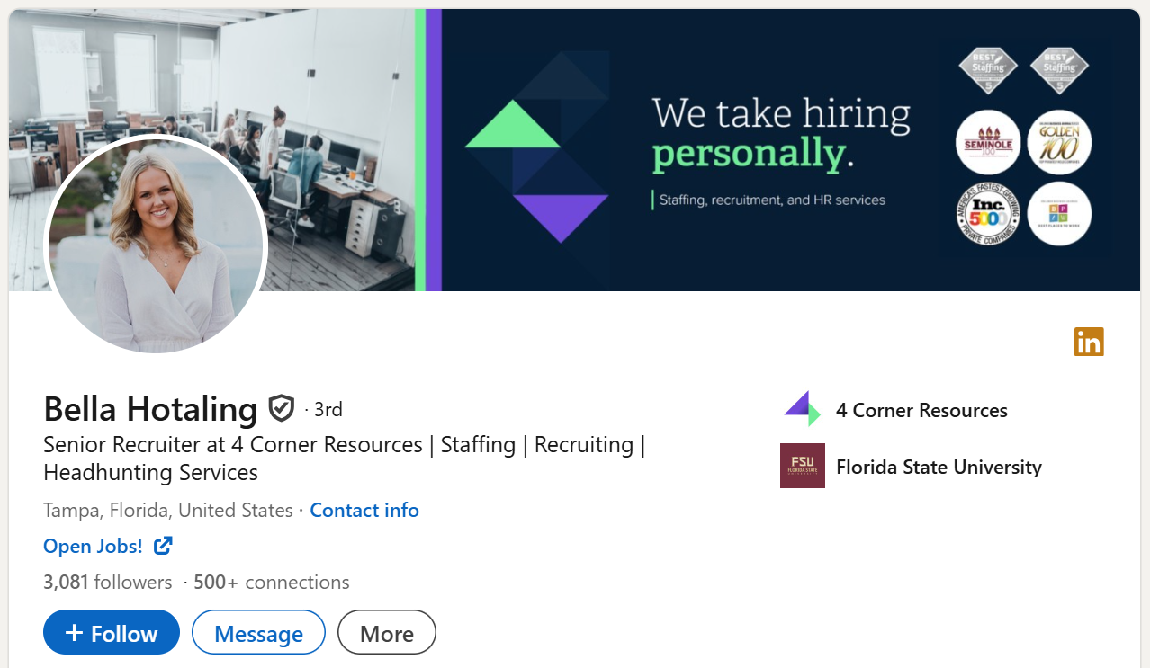 Screenshot of a 4 Corner Resources Recruiter's LinkedIn profile. Shows cover image, job title, and company.