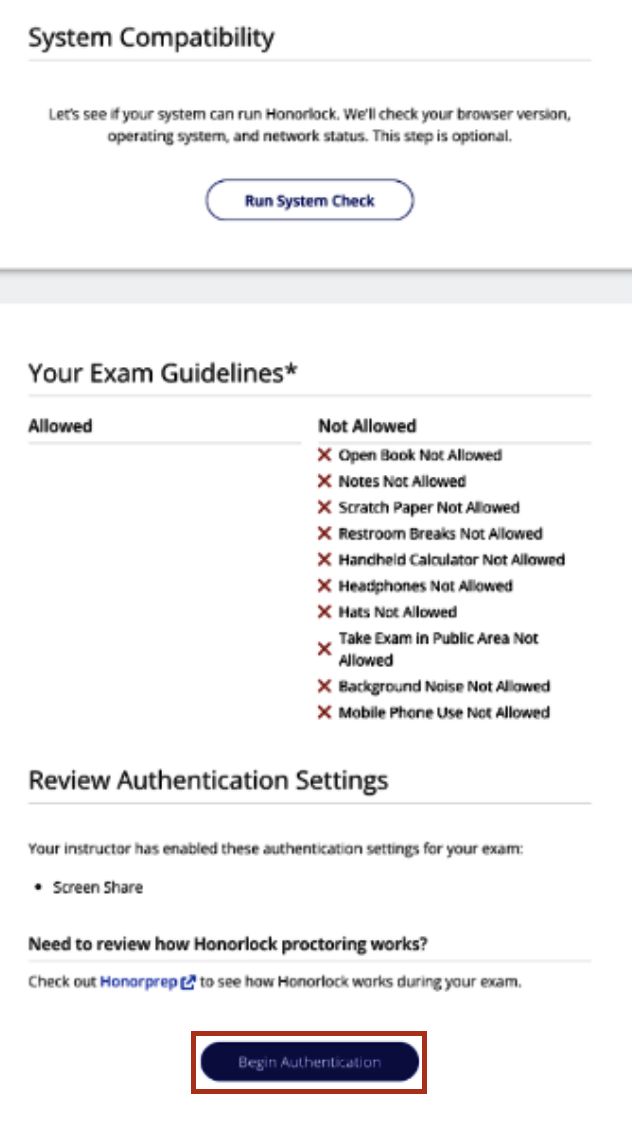 Select the Run Systems Check button; afterwards, select Begin Authentication button.