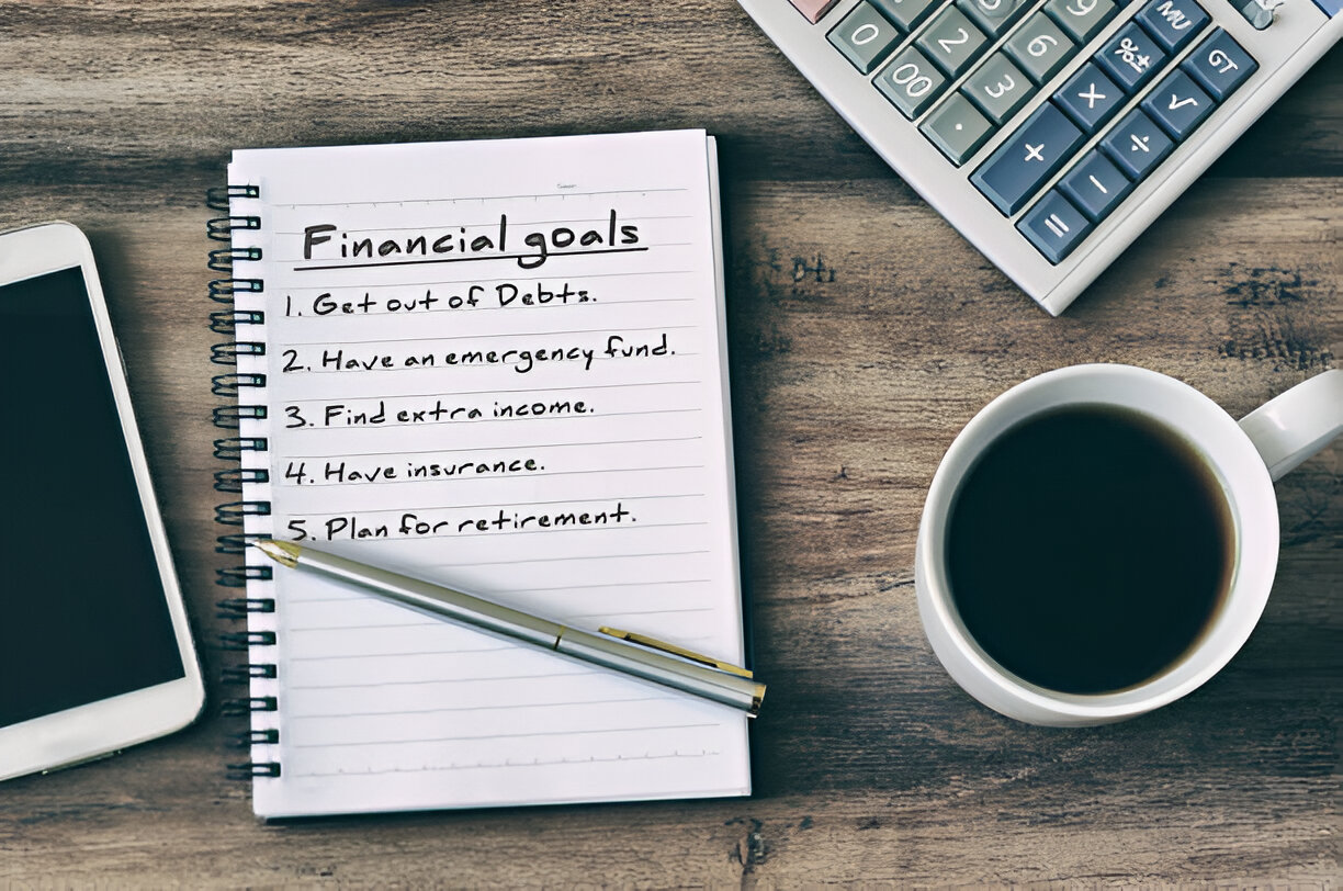 Notebook listing financial goals alongside a calculator, phone, and coffee cup, illustrating the process of setting realistic financial goals.