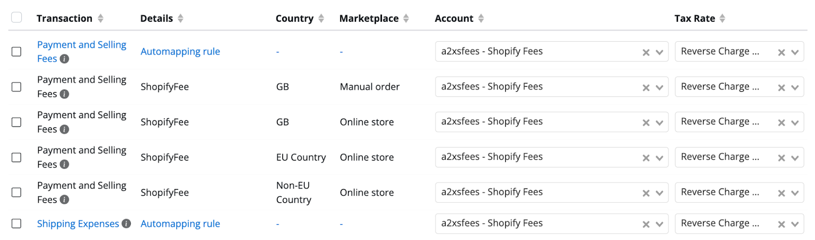 A screenshot of the A2X Mappings page, showing transactions with the Reverse Charge Expense tax rate applied