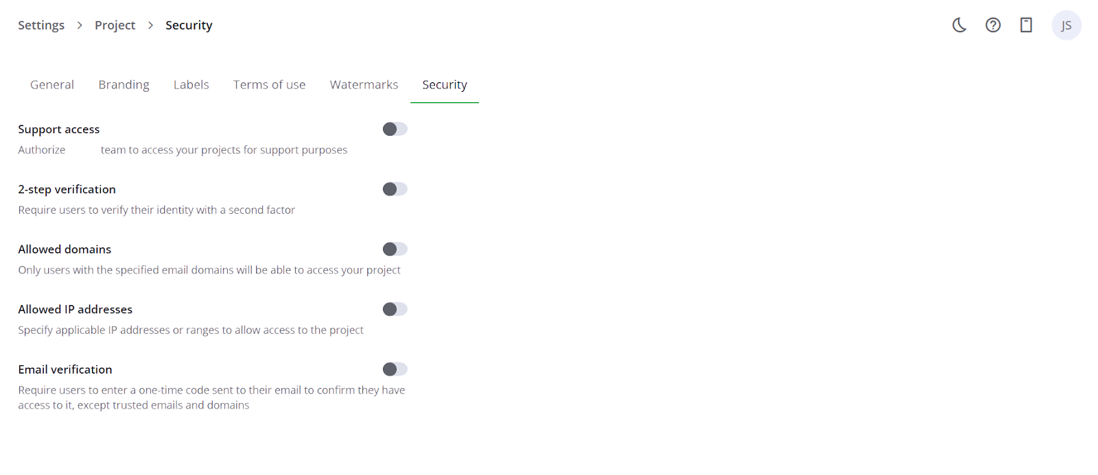 Project security settings: Desktop view