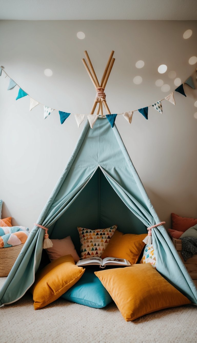 A cozy teepee reading nook in a kids' bedroom, surrounded by colorful pillows and soft blankets