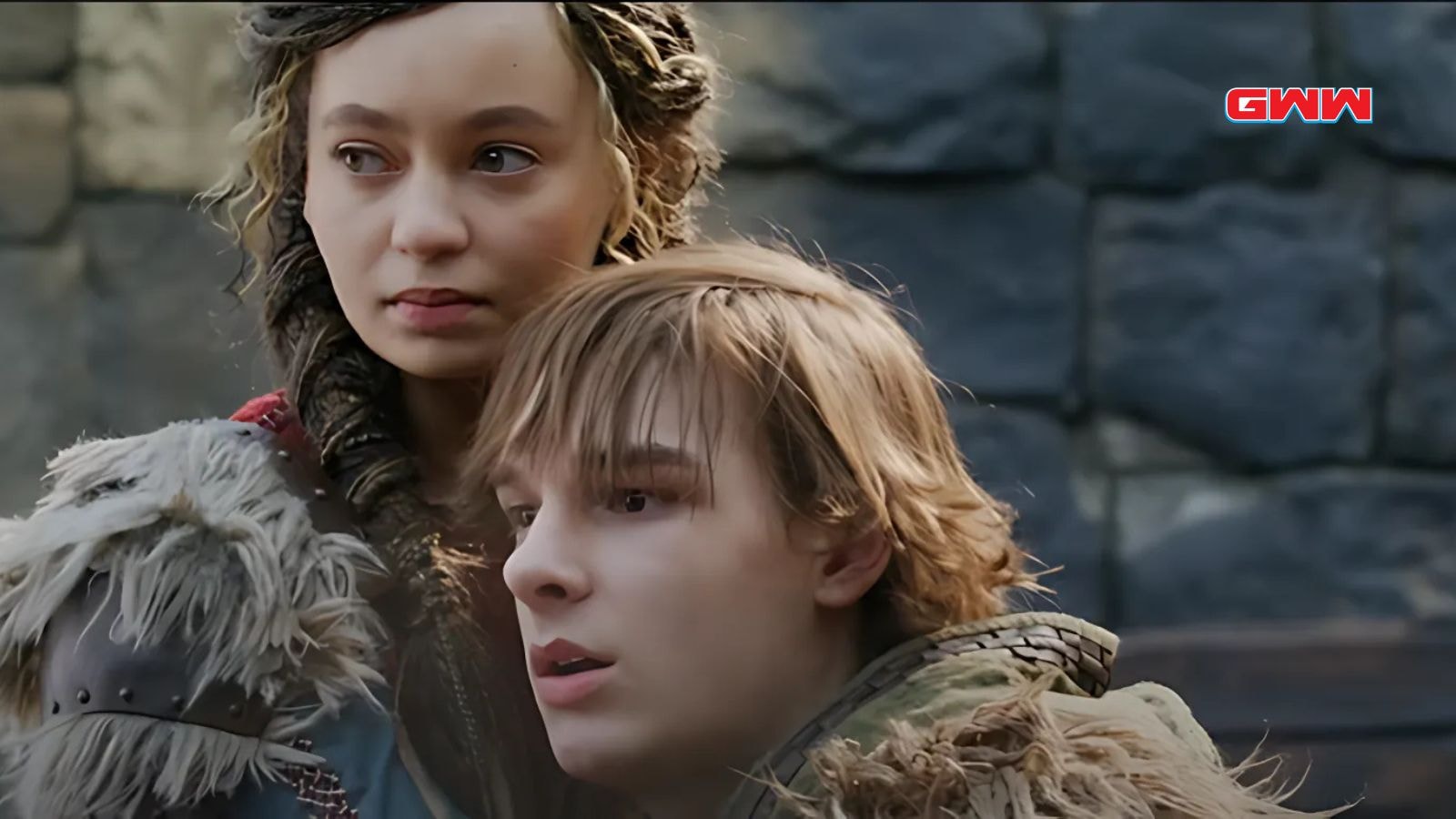 Mason Thames as Hiccup and Nico Parker as Astrid in How to Train Your Dragon Live Action Movie