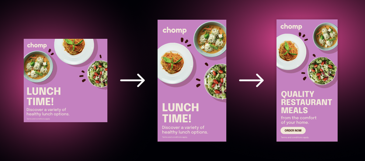 Visual guide showing a modular ad layout adapting across square, landscape, and vertical formats.