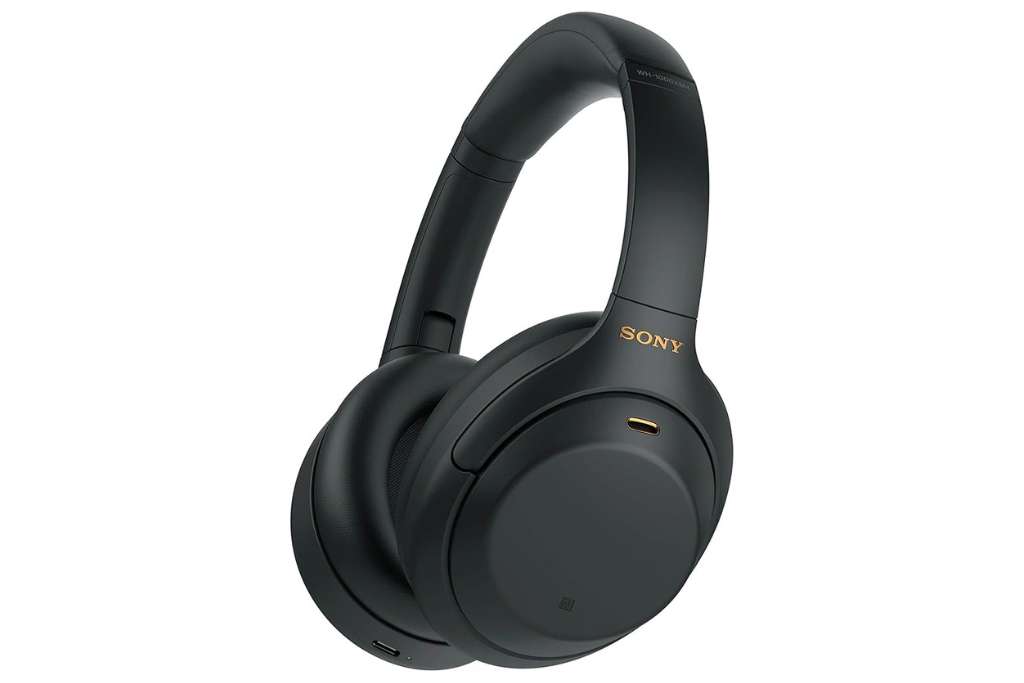 black over the head sony headphones with gold sony logo