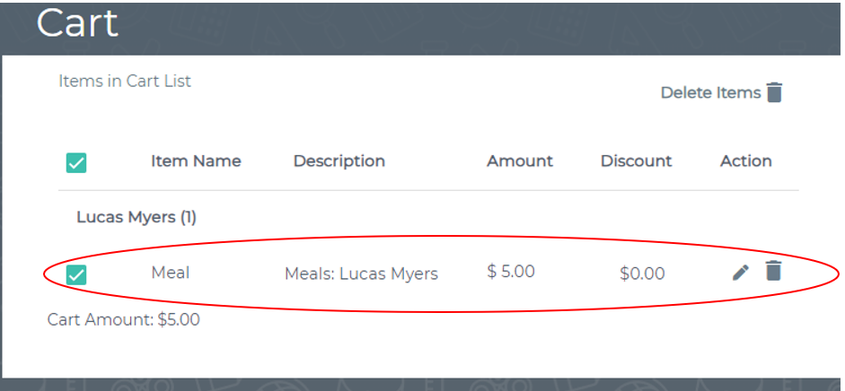 screen shot with meal balance circled in red