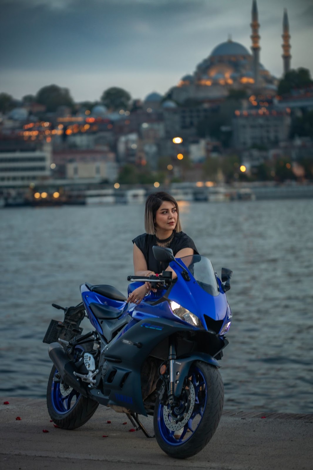 Female biker at Galata Bridge