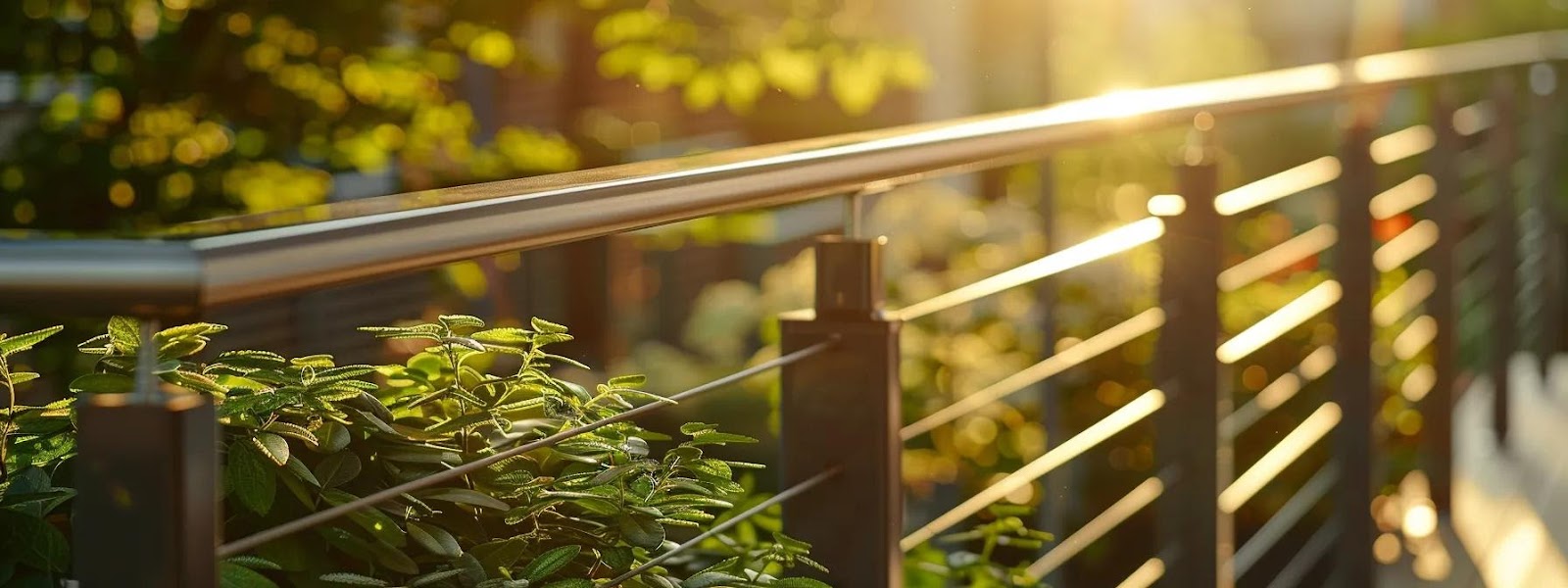 a sleek and modern aluminum picket railing gleams under the warm sunlight, surrounded by vibrant greenery, showcasing its durability and aesthetic appeal in an inviting outdoor setting.