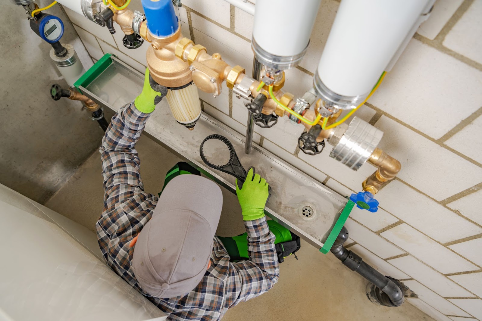 Overhead shot showing a plumber installing in-line water filters in a home filtration system.