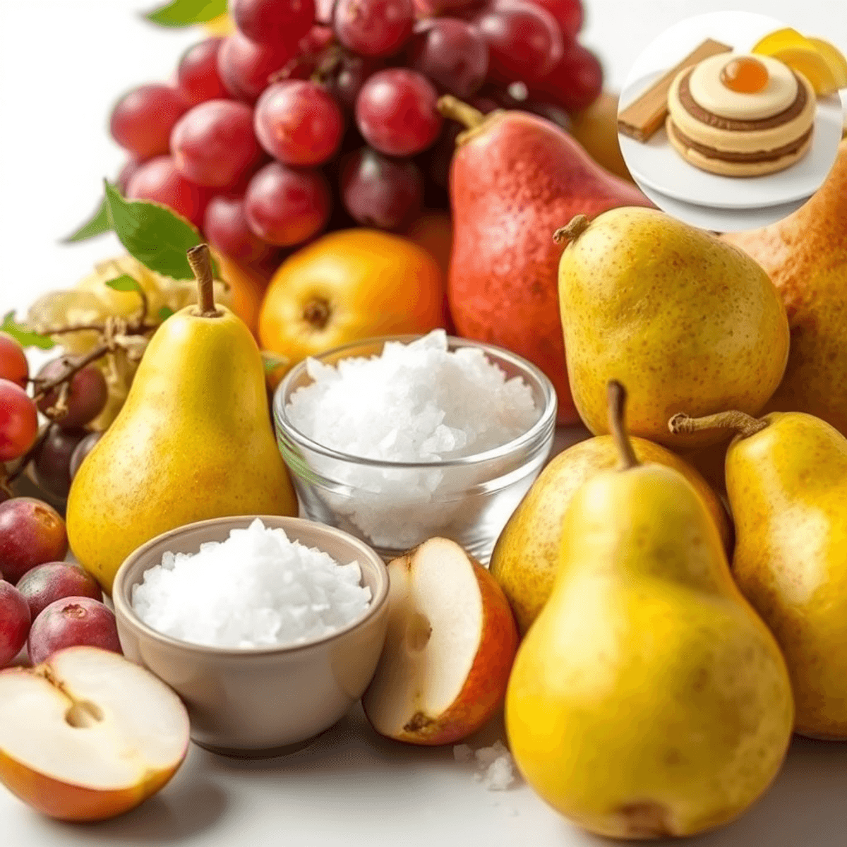 A vibrant display of fresh grapes and pears next to a bowl of erythritol crystals, set against a bright background that evokes health and wellness.