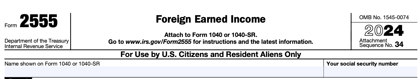 A screenshot of the top of Form 2555: Foreign Earned Income.