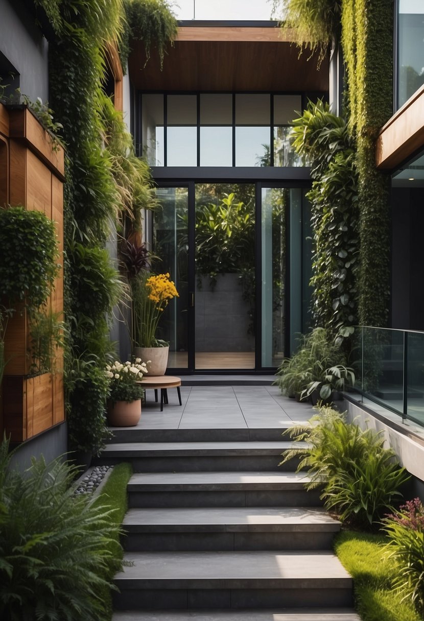 A modern house with a vertical garden on the exterior wall, featuring a variety of plants and flowers in a sleek and organized design