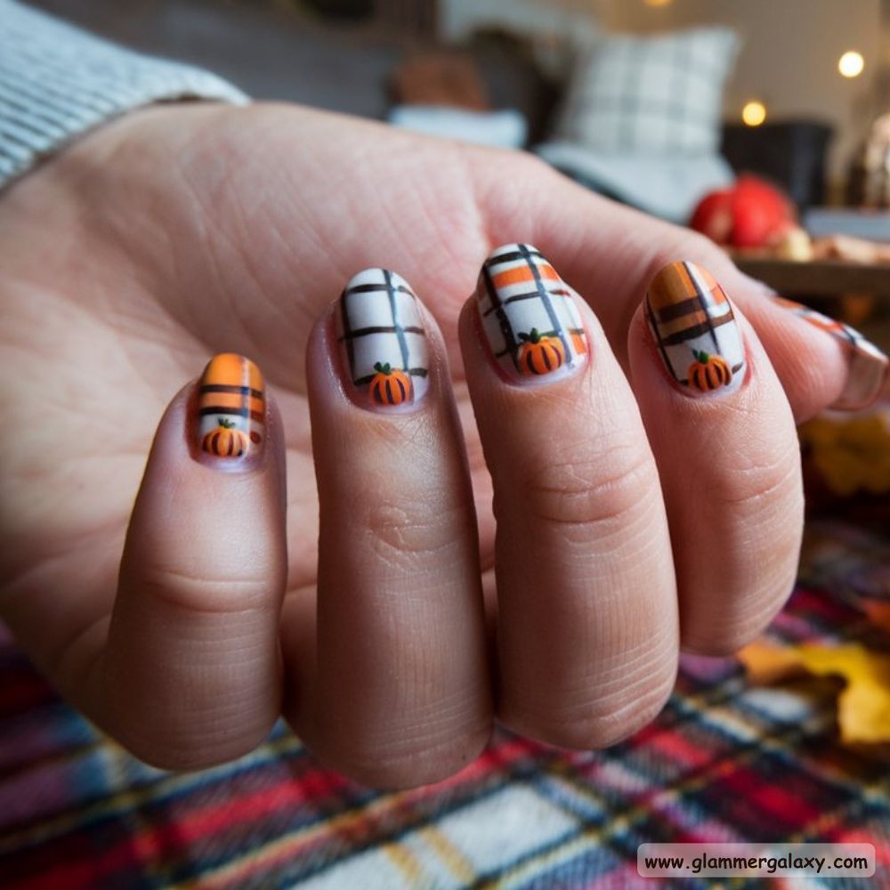 Thanksgiving Nail Designs having Plaid and Pumpkin Combination Nails
