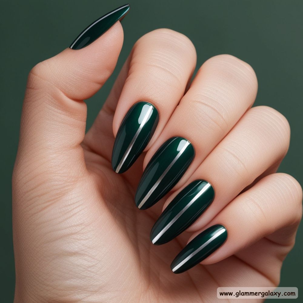 Winter and Fall Dark Green Nails having Chrome Lines
