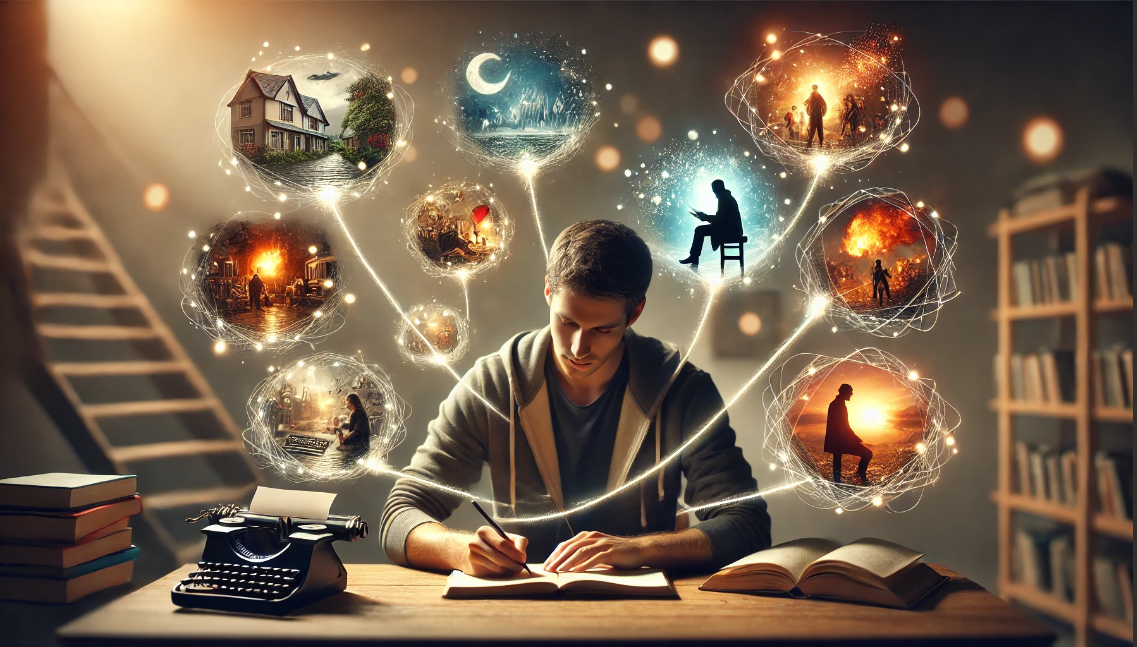 A young writer in a cozy library, surrounded by books, writing in a notebook. Glowing story bubbles emerge from his mind, depicting different scenes, symbolizing the creative process of crafting short story anthologies