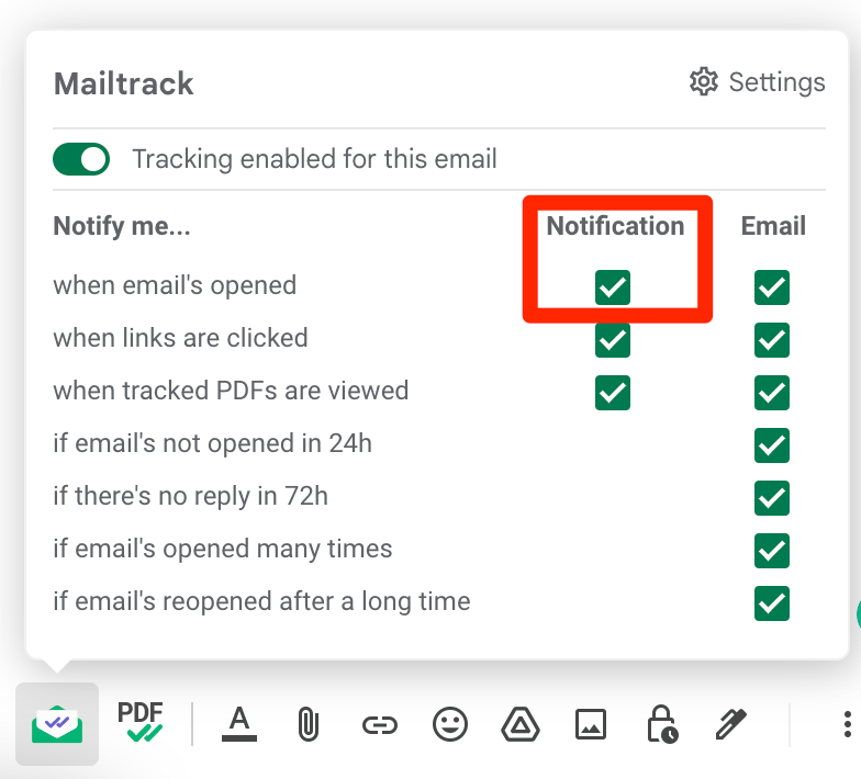 Mailtrack's notification settings