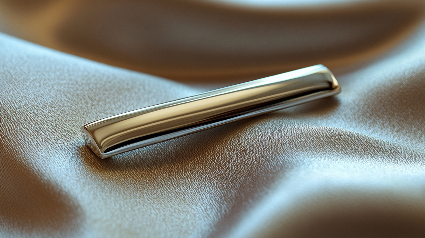 A sleek silver tie bar, resting on a finely textured fabric with soft folds. The polished metal catches subtle lighting, reflecting its clean lines and smooth surface. The background is blurred and neutral, keeping the focus on the tie bar.