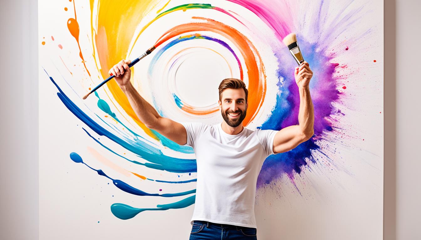 An image of a person standing in front of a blank canvas, holding a brush and paint palette. Behind them, a colorful swirl of energy representing their manifestation is taking shape. The person has a determined and focused expression, radiating confidence and faith in their ability to bring their desired person into their life quickly.