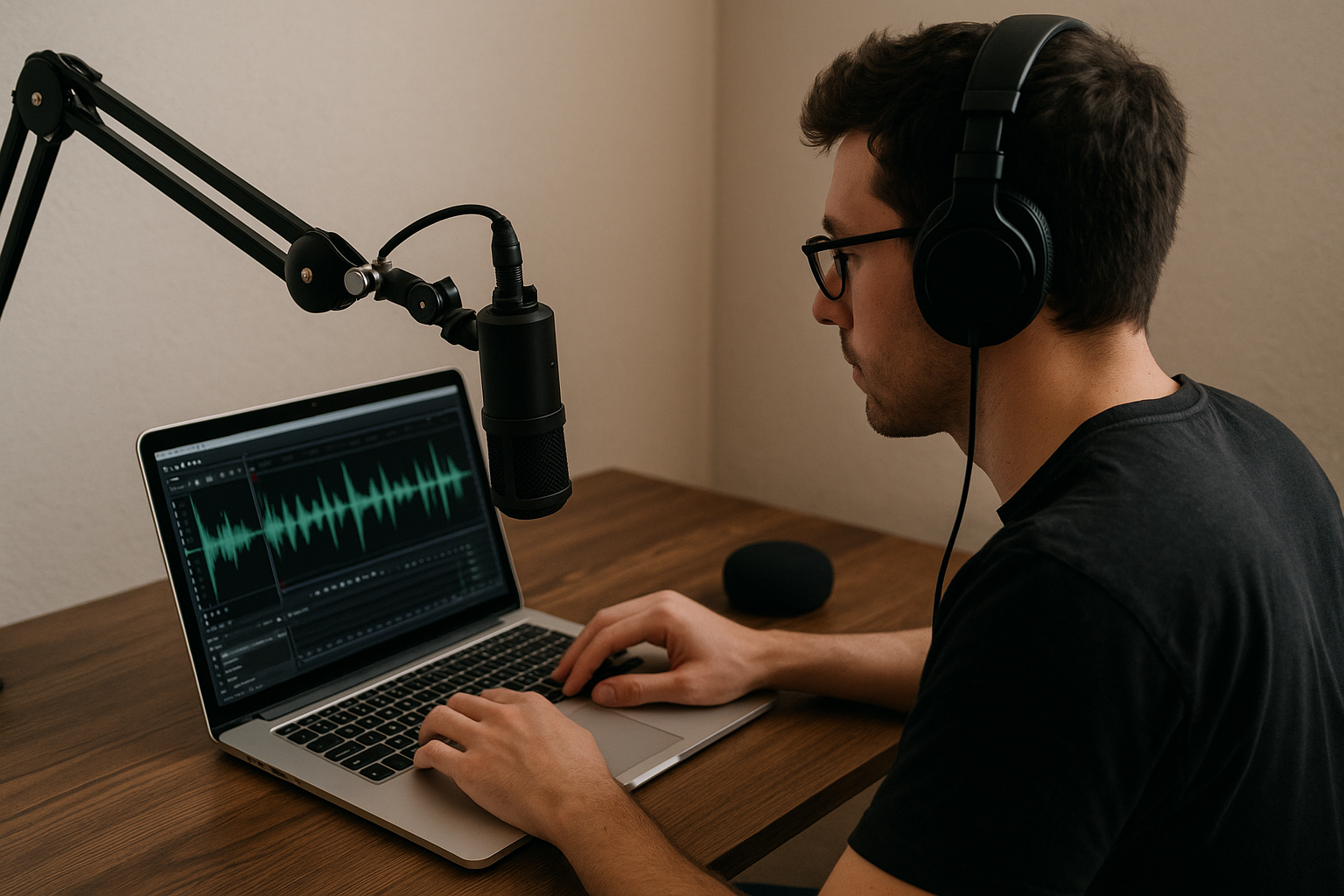 Podcaster editing audio on a laptop