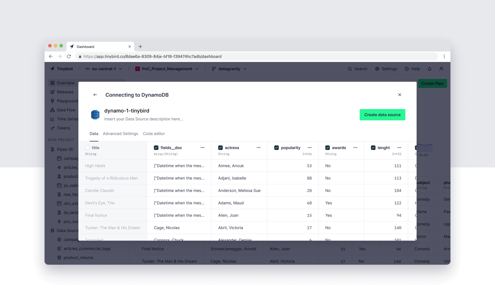 A screenshot of DynamoDB data in a Tinybird table