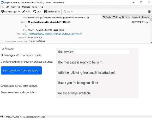 A Mekotio phishing email with an embedded link