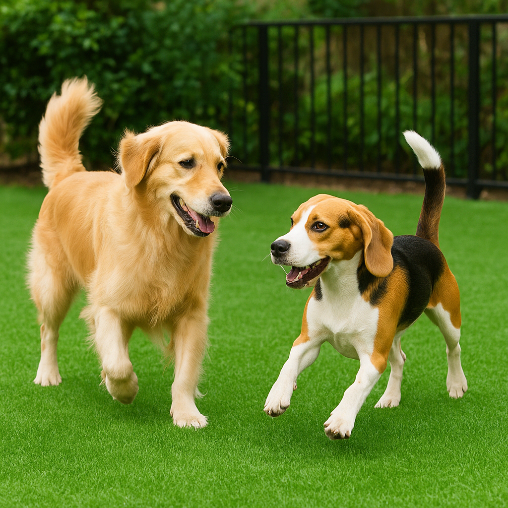 Golden Retriever and Beagle playing on outdoor artificial lawns in a sunny, pet-friendly backyard.