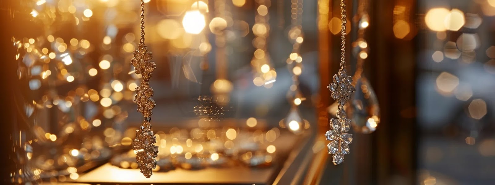 an elegantly designed jewelry showcase in a stylish tampa boutique, featuring shimmering custom earrings and unique diamond pieces under soft, warm lighting, inviting customers to explore the craftsmanship and artistry of local jewelers.