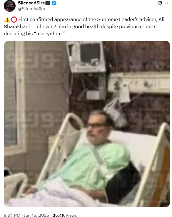 ⚠️⭕ First confirmed appearance of the Supreme Leader’s advisor, Ali Shamkhani — seen in good health, dismissing earlier reports that claimed his “martyrdom.”